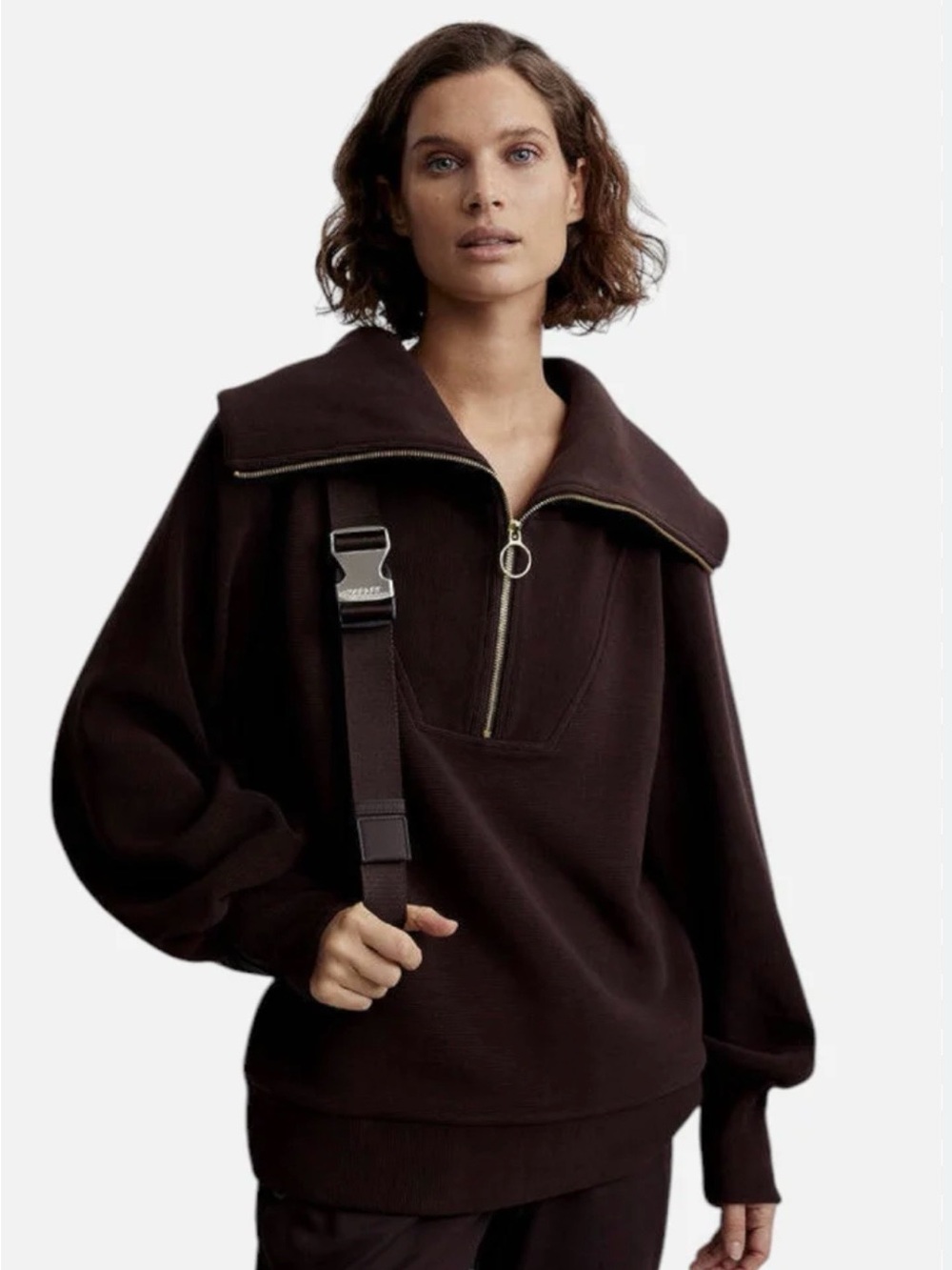 NWT Varley Coffee Bean Vine Half Zip Pullover Sweater with Gold Ring Zipper Sz S